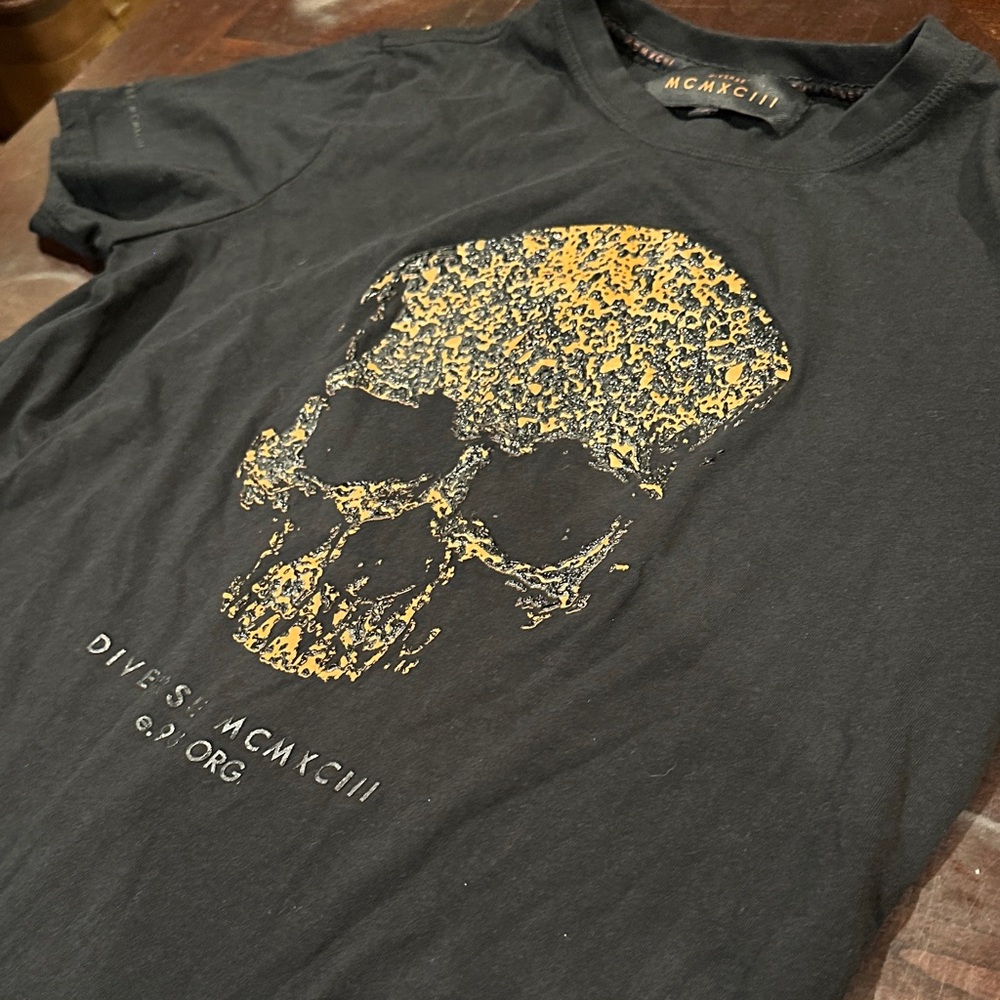 Black Tee with Orange and Black Skull Design by Diverse